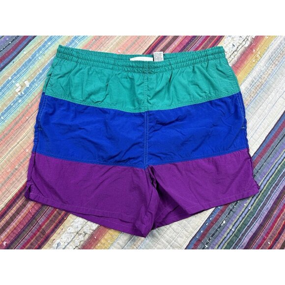 Vtg 90s Players By Van Heusen Sport Swim Trunks Green Blue Purple Colorblock M - Picture 2 of 7